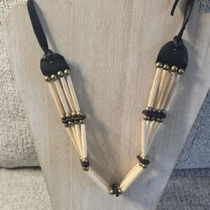 Handmade Bone Hairpipe Brass Beads Native American Style 12" Choker Leather Ties